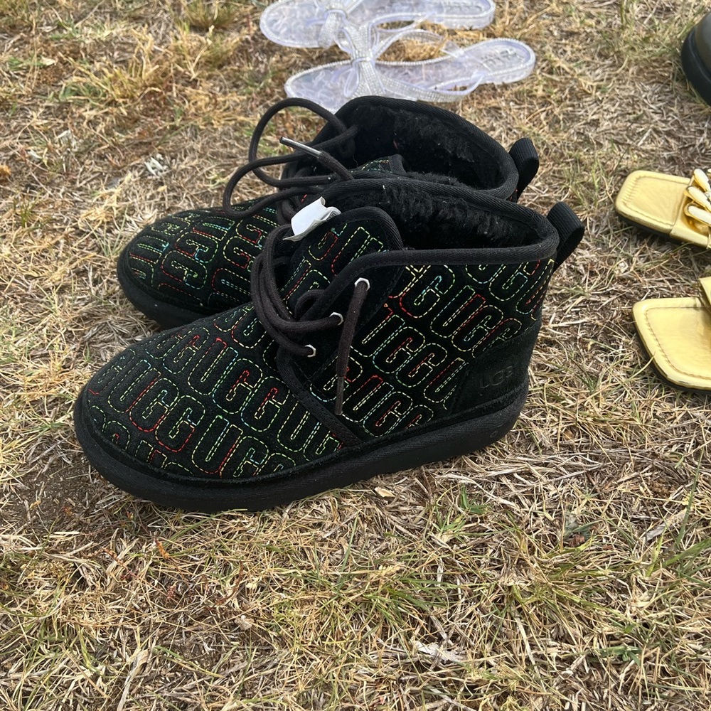 UGG Kids Black Booties with Multicolor Logo Stitching